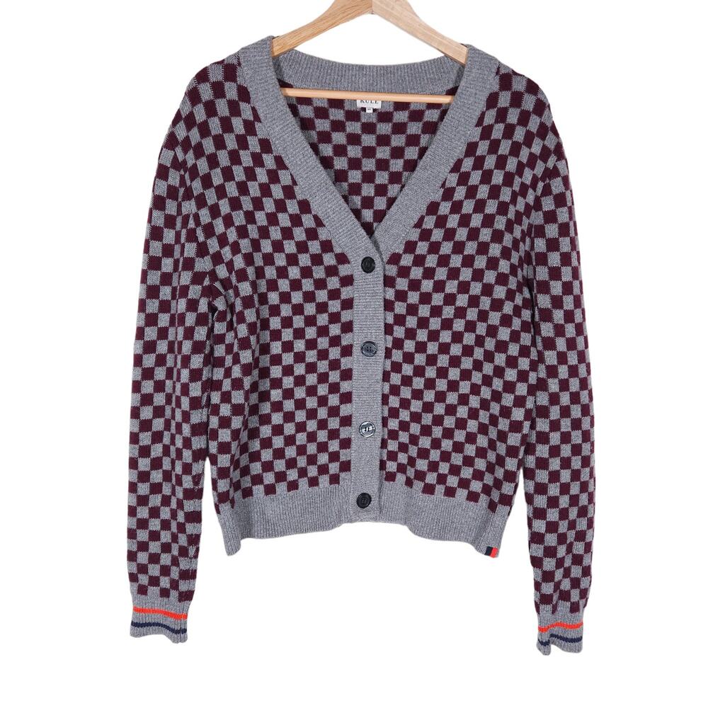 Kule Womens The Knite Cardigan Sweater XS Red Gray Check Button Up Wool Cashmere